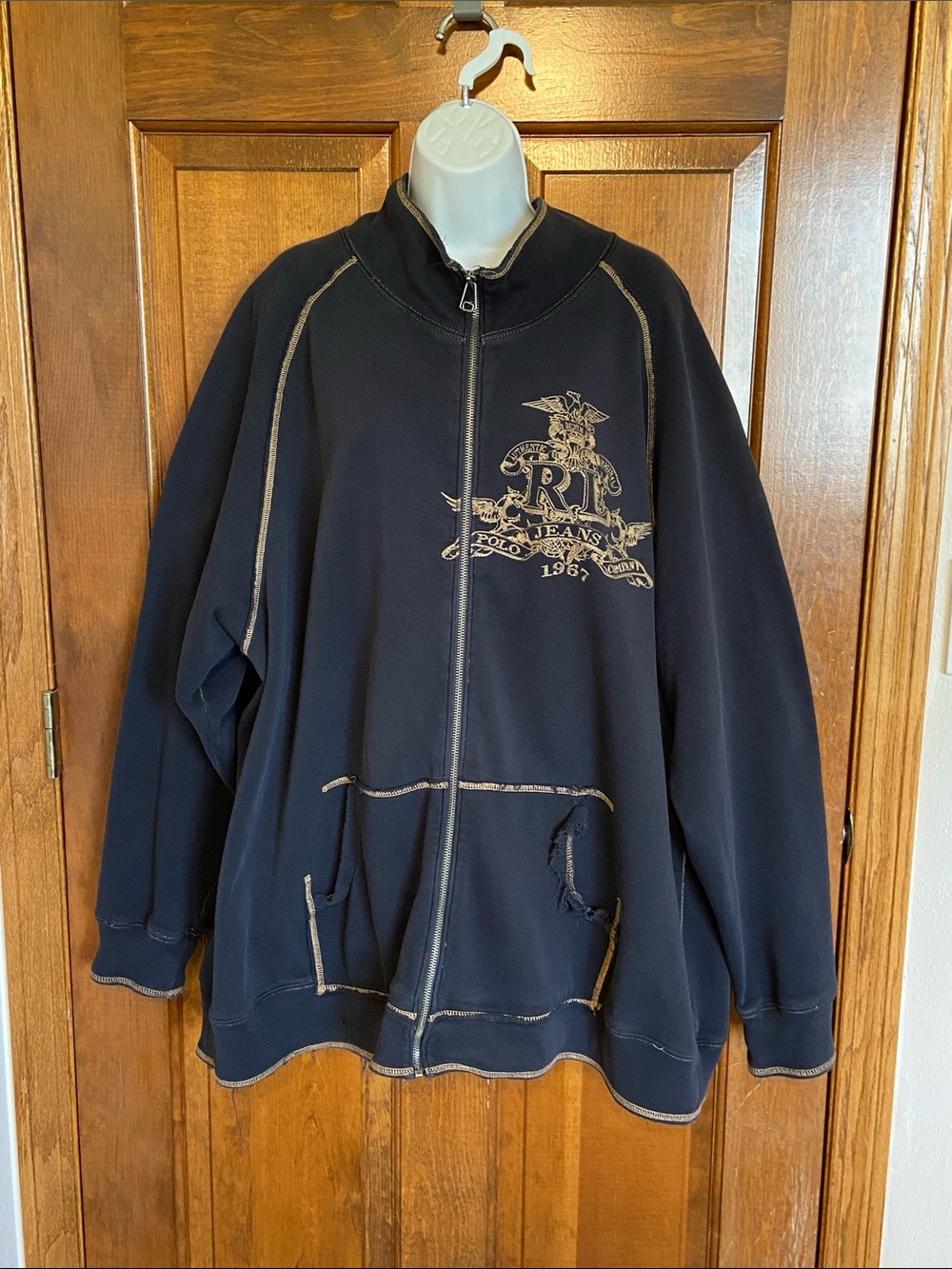 Polo Jeans Ralph Lauren Y2K full zip Heavy Raw Hem Distressed Hi Collar  3XL